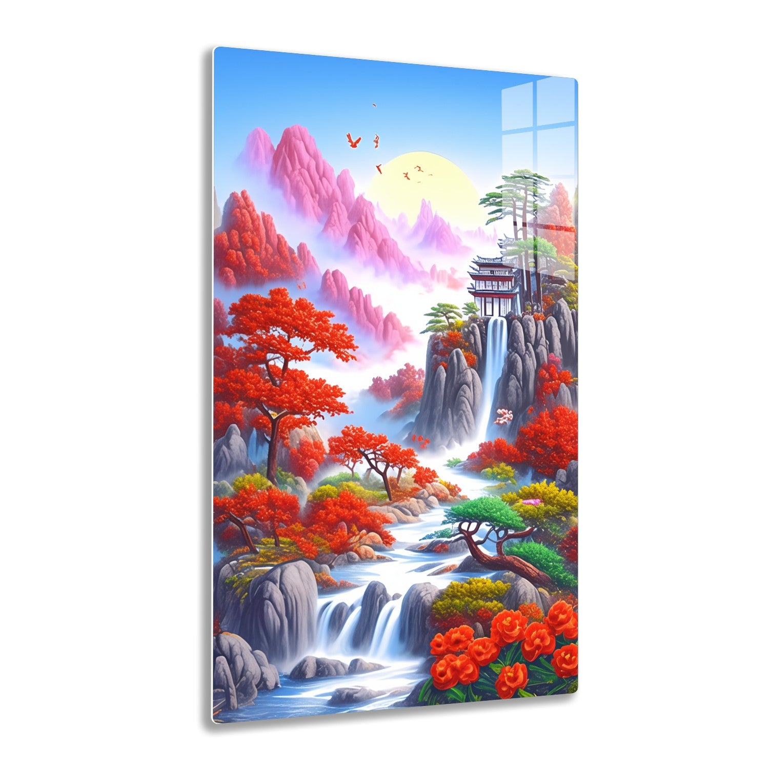 A scenic Asian landscape painting featuring towering pink mountains, a large sun, flowing streams with waterfalls, vibrant fall foliage, pagodas, birds in flight, and blossoming red flowers in the foreground.

Human
