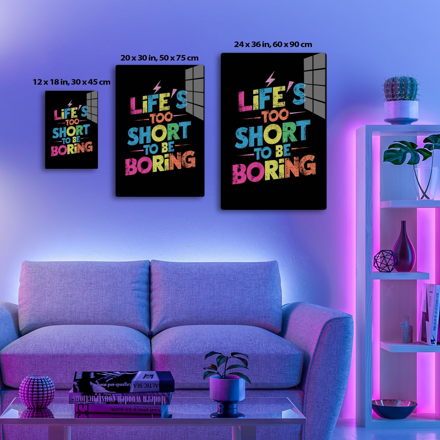 Life's too short to be boring - Colorful text with grunge texture and lightning bolt accents, conveying a message about living life to the fullest and avoiding boredom.
