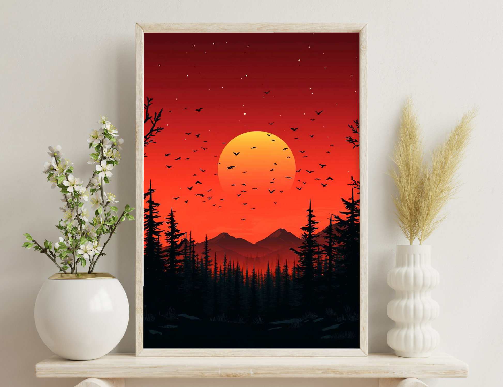 A vibrant sunset scene with a large orange sun, a flock of birds flying across, pine trees silhouetted in the foreground, and mountains in the distance against a red sky filled with stars.
