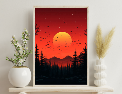 A vibrant sunset scene with a large orange sun, a flock of birds flying across, pine trees silhouetted in the foreground, and mountains in the distance against a red sky filled with stars.
