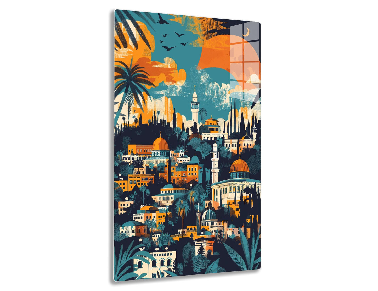 A vibrant illustration depicting an urban skyline with Islamic-style architecture, featuring domes, minarets, and palm trees under an orange moon and flying birds against a blue sky.
