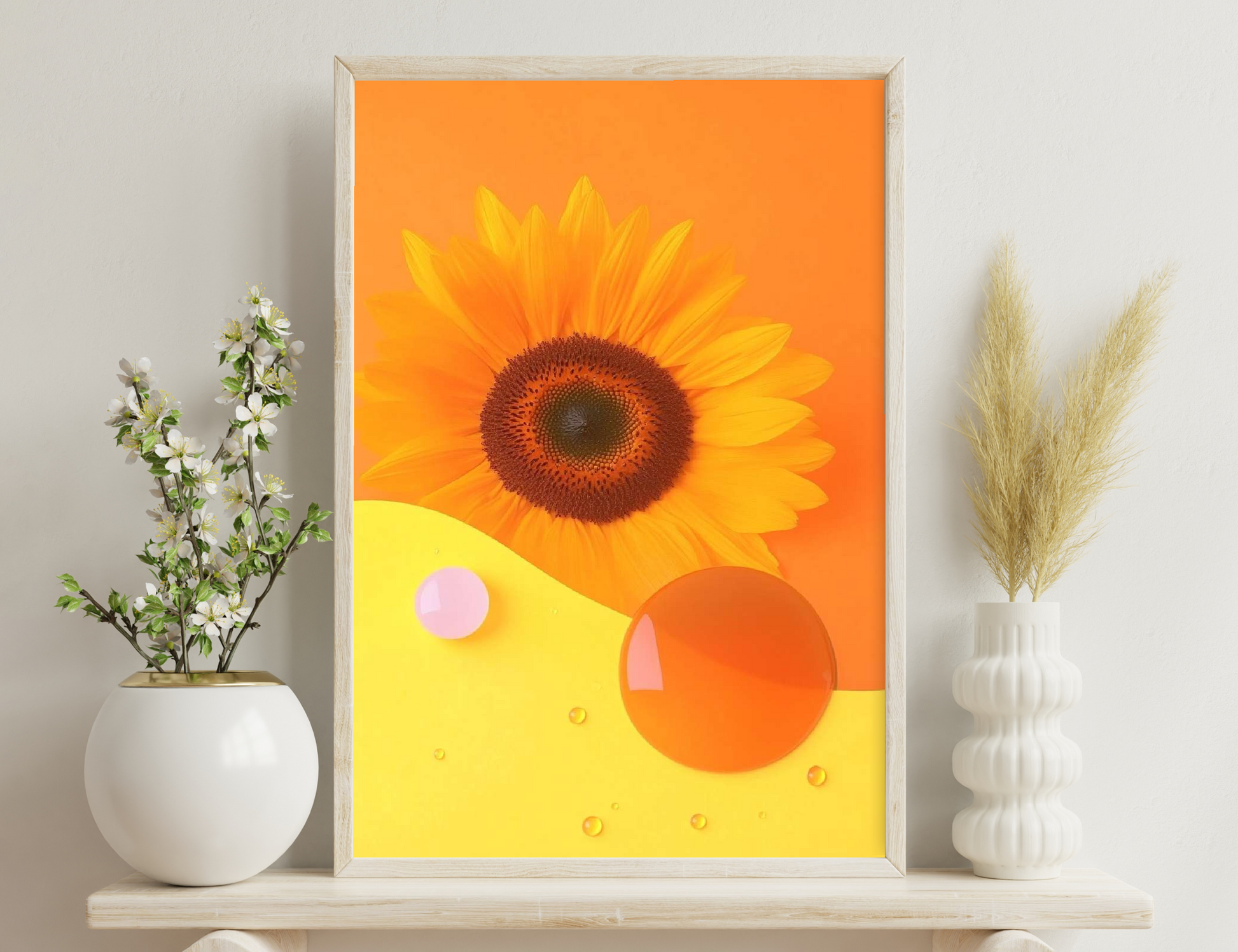 A vibrant orange sunflower on an abstract yellow, orange, and pink background with circular shapes and dots.
