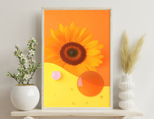 A vibrant orange sunflower on an abstract yellow, orange, and pink background with circular shapes and dots.
