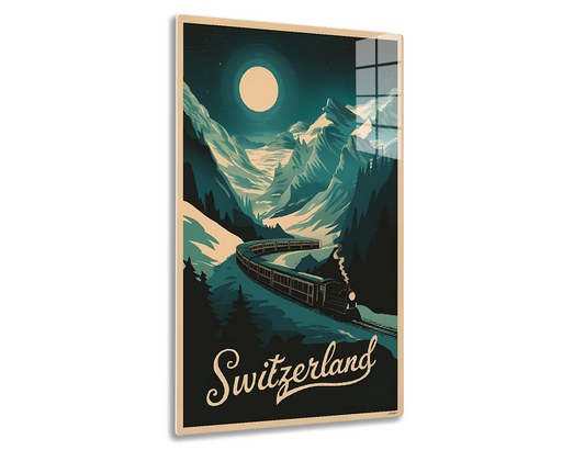 A vintage travel poster depicting a train winding through snow-capped Swiss Alps mountains under a large full moon and starry night sky, with the text "Switzerland" at the bottom.
