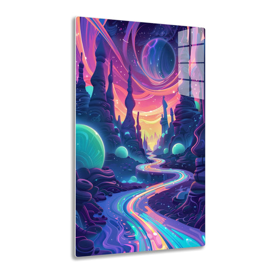 A vibrant, cosmic landscape with winding rainbow paths leading toward a majestic arched portal surrounded by swirling, bioluminescent structures and twinkling stars in shades of purple, blue, and pink.
