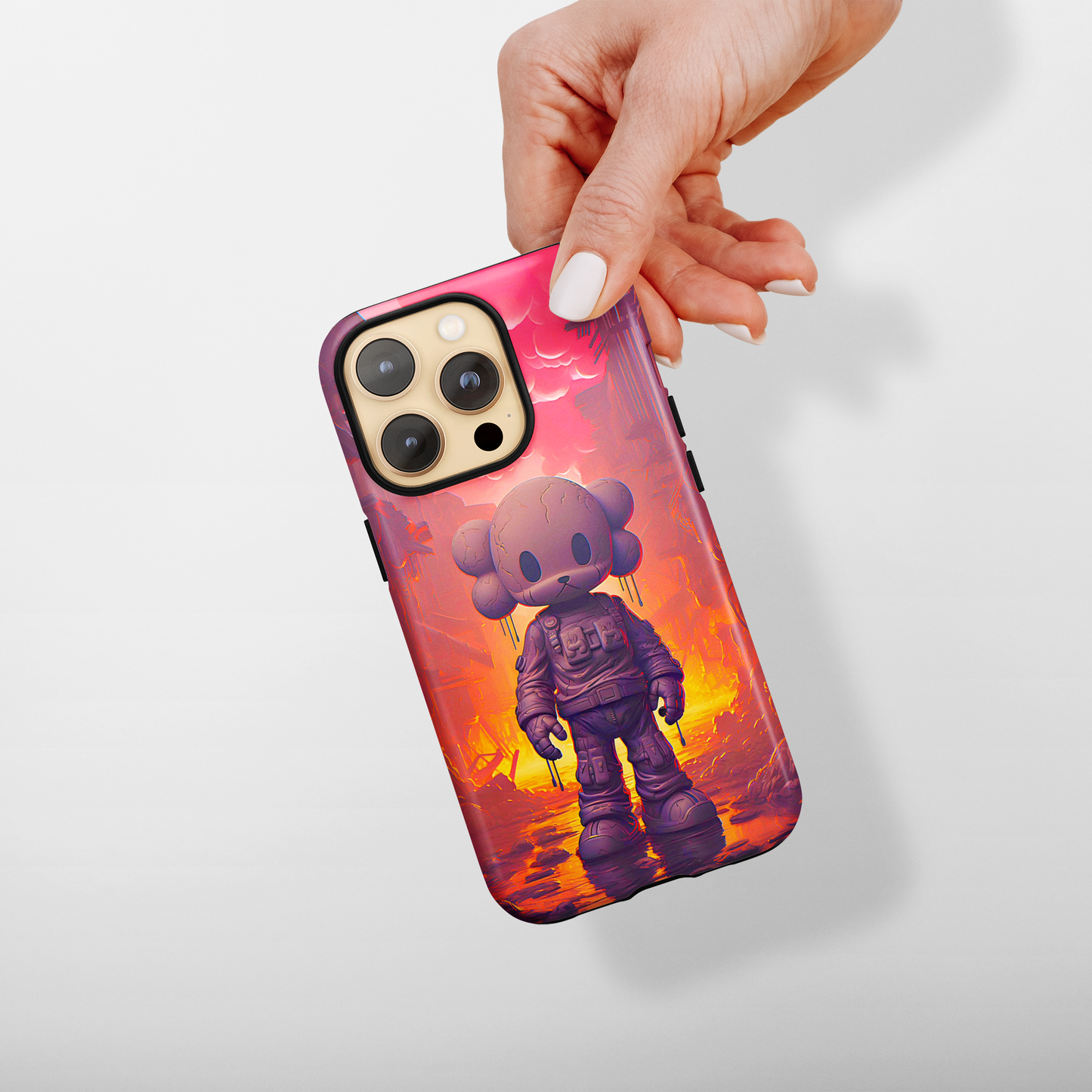 Cuddly Cohort (iPhone Case 11-15)Customize Your World with Unique Art! 🎨 This enchanting "Brave Teddy vs. Robot Apocalypse" design isn't solely for your phone. Dream of showcasing it on a poster, cRimaGallery