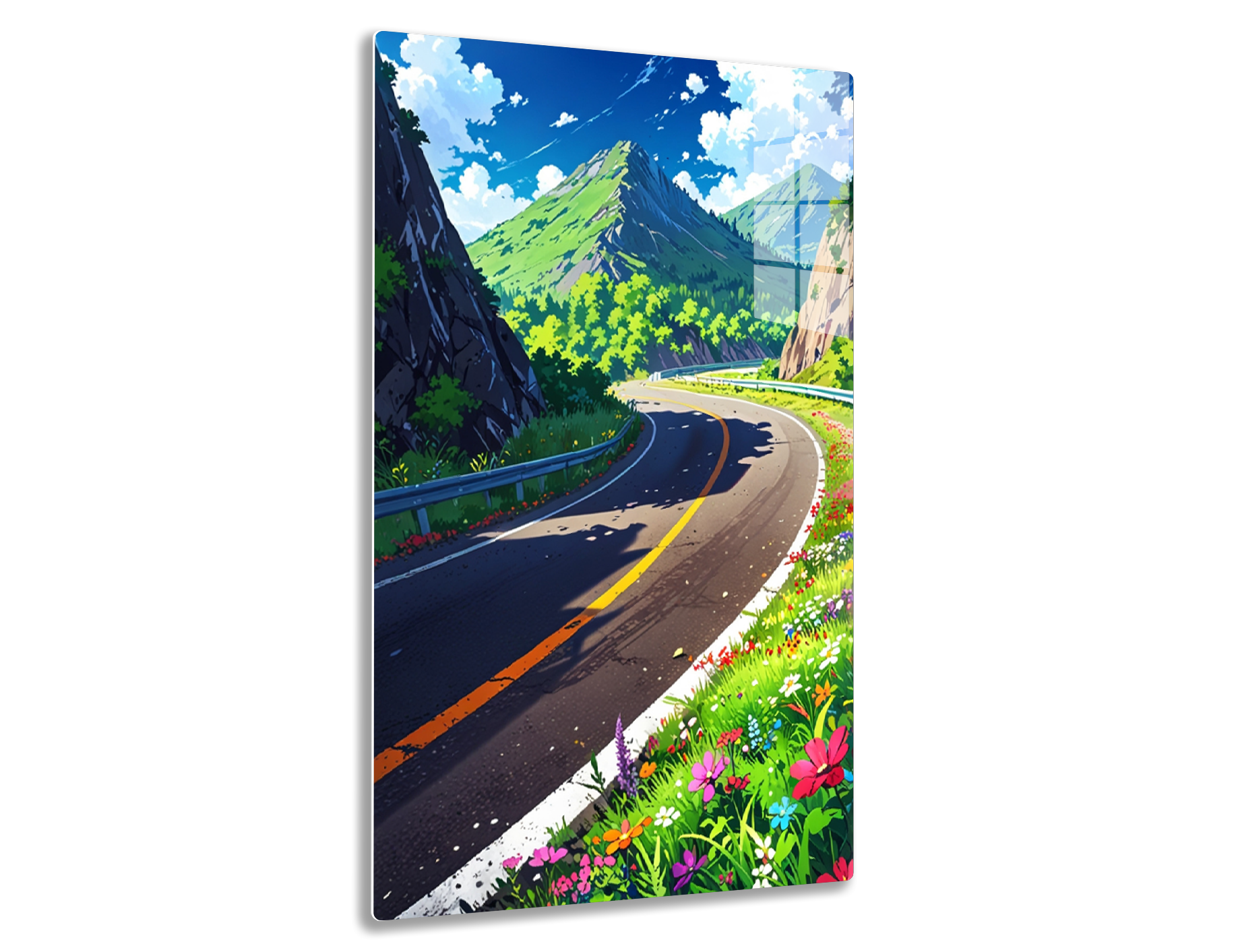 A winding mountain road surrounded by lush green valleys, towering snow-capped peaks, vibrant wildflowers, and a bright blue cloudy sky, creating a picturesque natural landscape scene.
