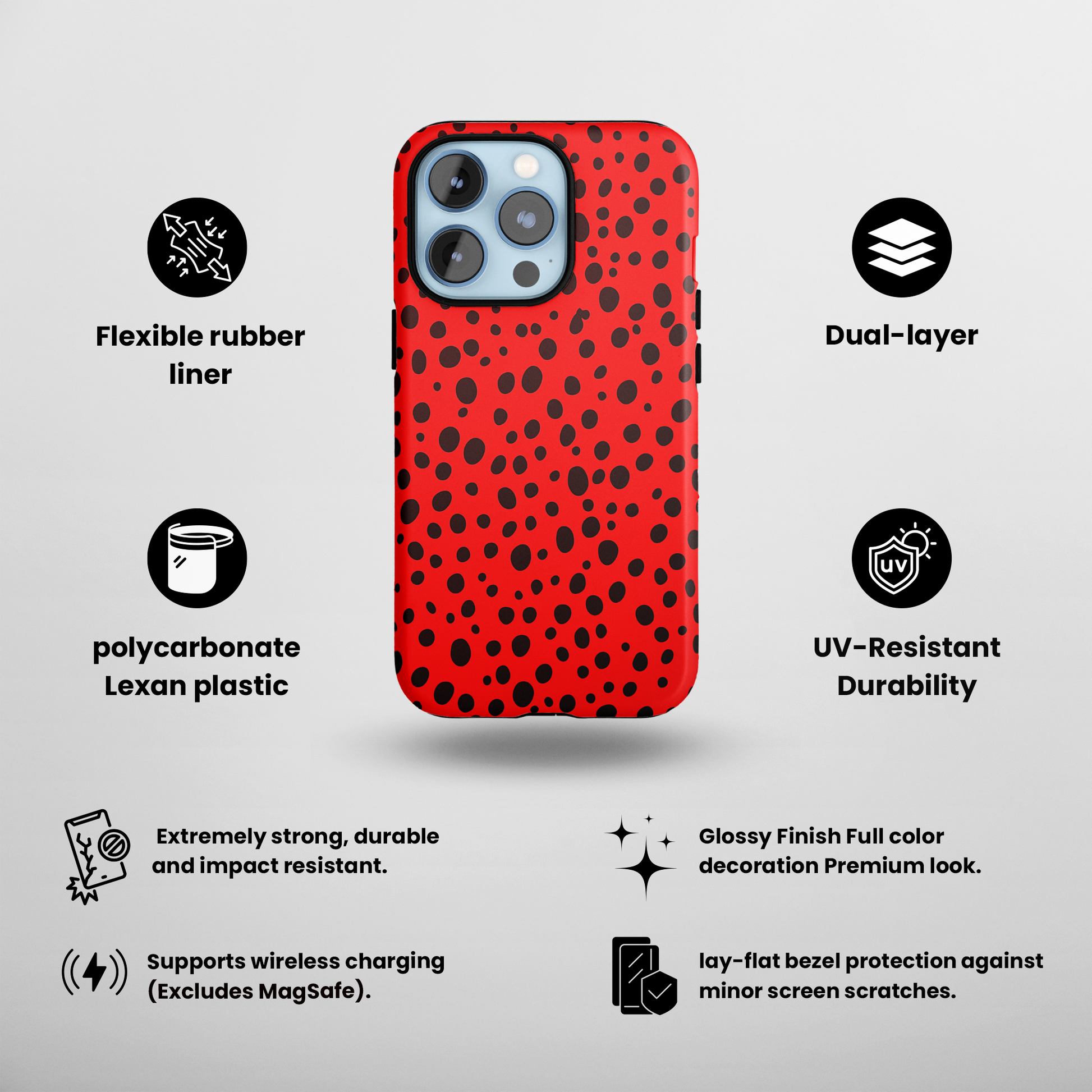 Dotted Delight - Red (iPhone Case 11-15)Elevate your iPhone's style with Rima's Red backdrop with varied black dots case. Sleek, durable protection for models 11-15. Free US shipping.RimaGallery