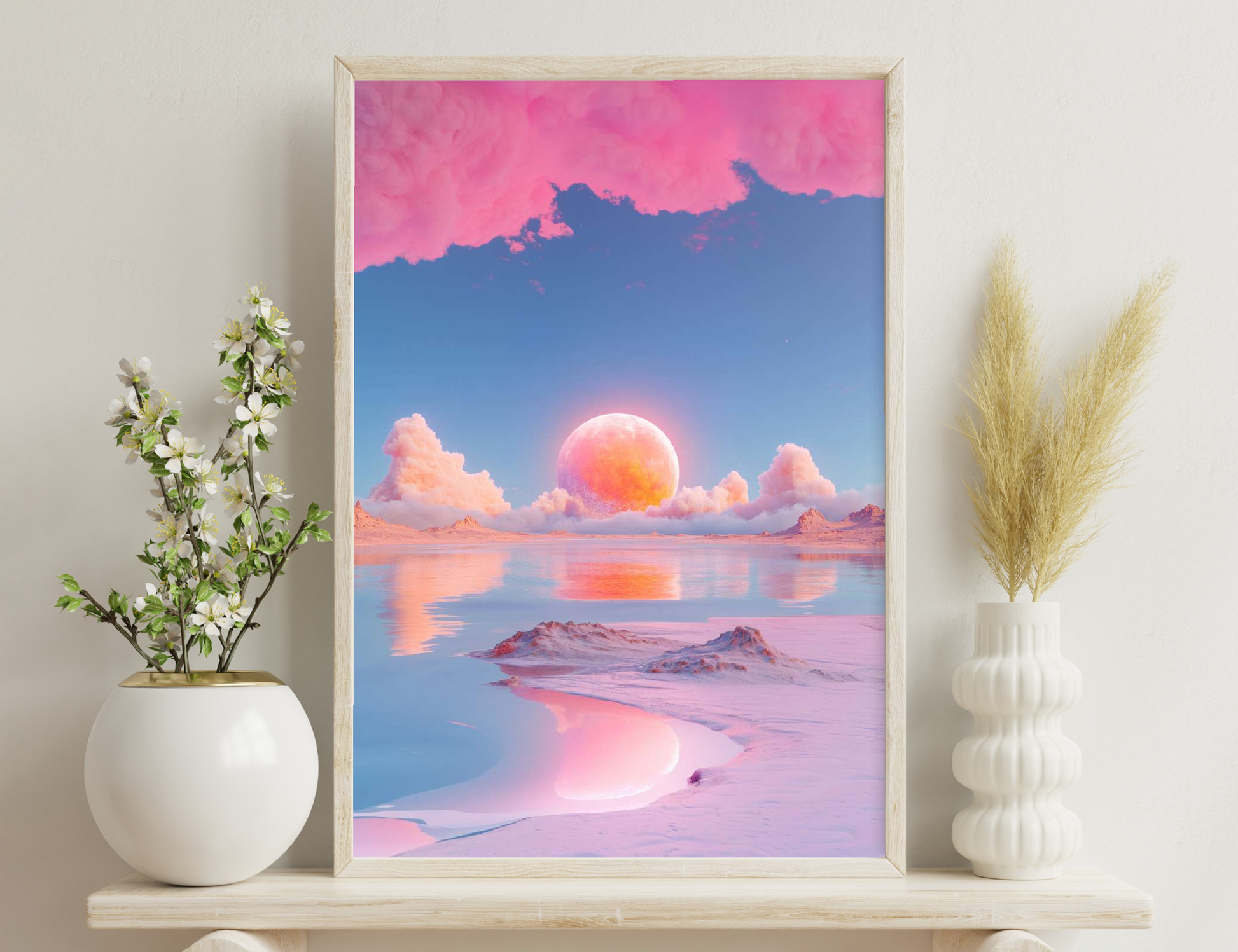 A futuristic landscape with a massive orange sun or moon reflecting on a calm lake surrounded by pink-hued clouds and mountains in the distance.
