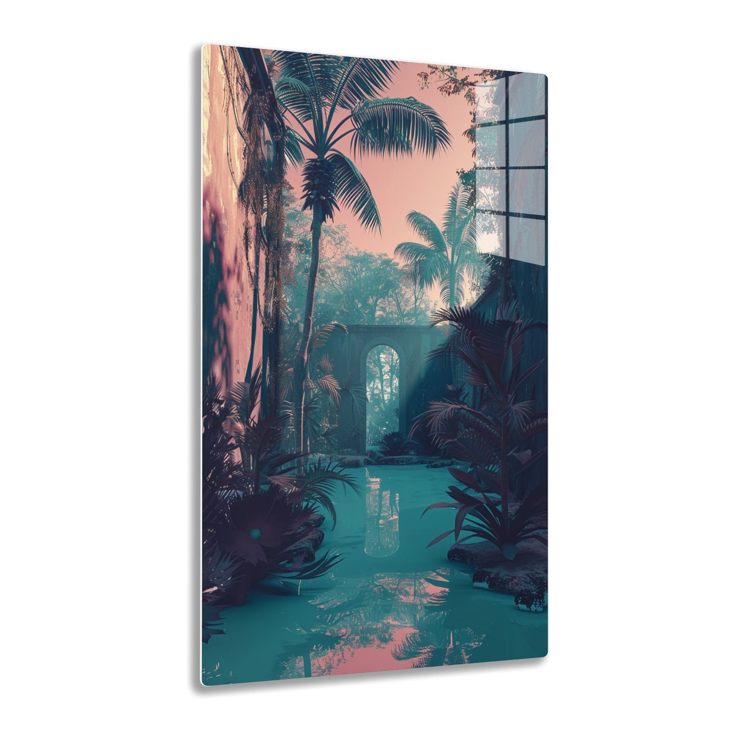 A serene tropical courtyard with a turquoise pool surrounded by lush palm trees, arched doorways, and warm, dreamy lighting creating a tranquil oasis.
