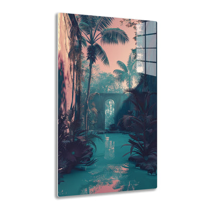 A serene tropical courtyard with a turquoise pool surrounded by lush palm trees, arched doorways, and warm, dreamy lighting creating a tranquil oasis.
