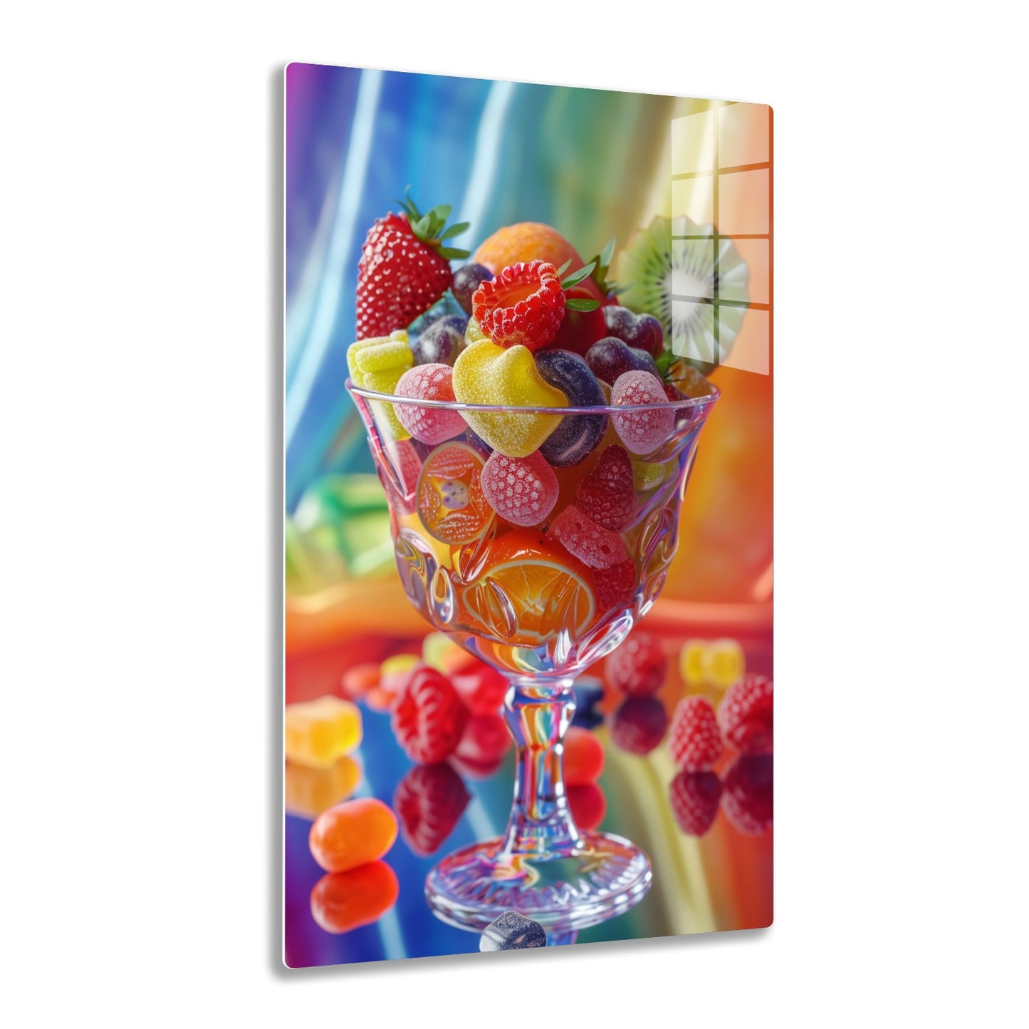 A glass bowl filled with a colorful assortment of fresh fruits including strawberries, kiwi, raspberries, and sugary candies against a vibrant rainbow-colored background.
