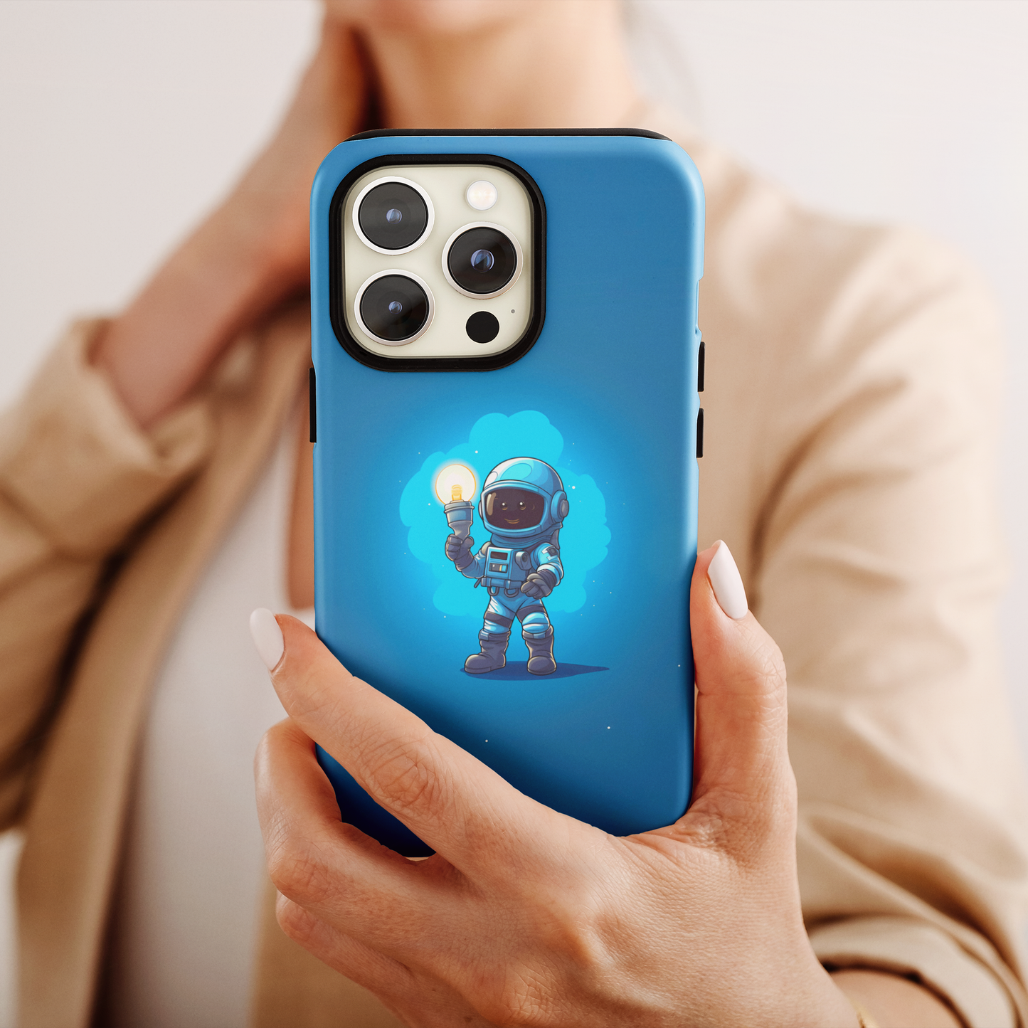 Astronaut Glow (iPhone Case 11-15)RIMA Tough Phone Case for iPhone 11, 12, 13, 14, &amp; 15 astronaut holding a light bulb with Glossy Finish 📱✨
 
Ultimate Protection in Stylish Design 🌟:  
 
WelcoRimaGallery