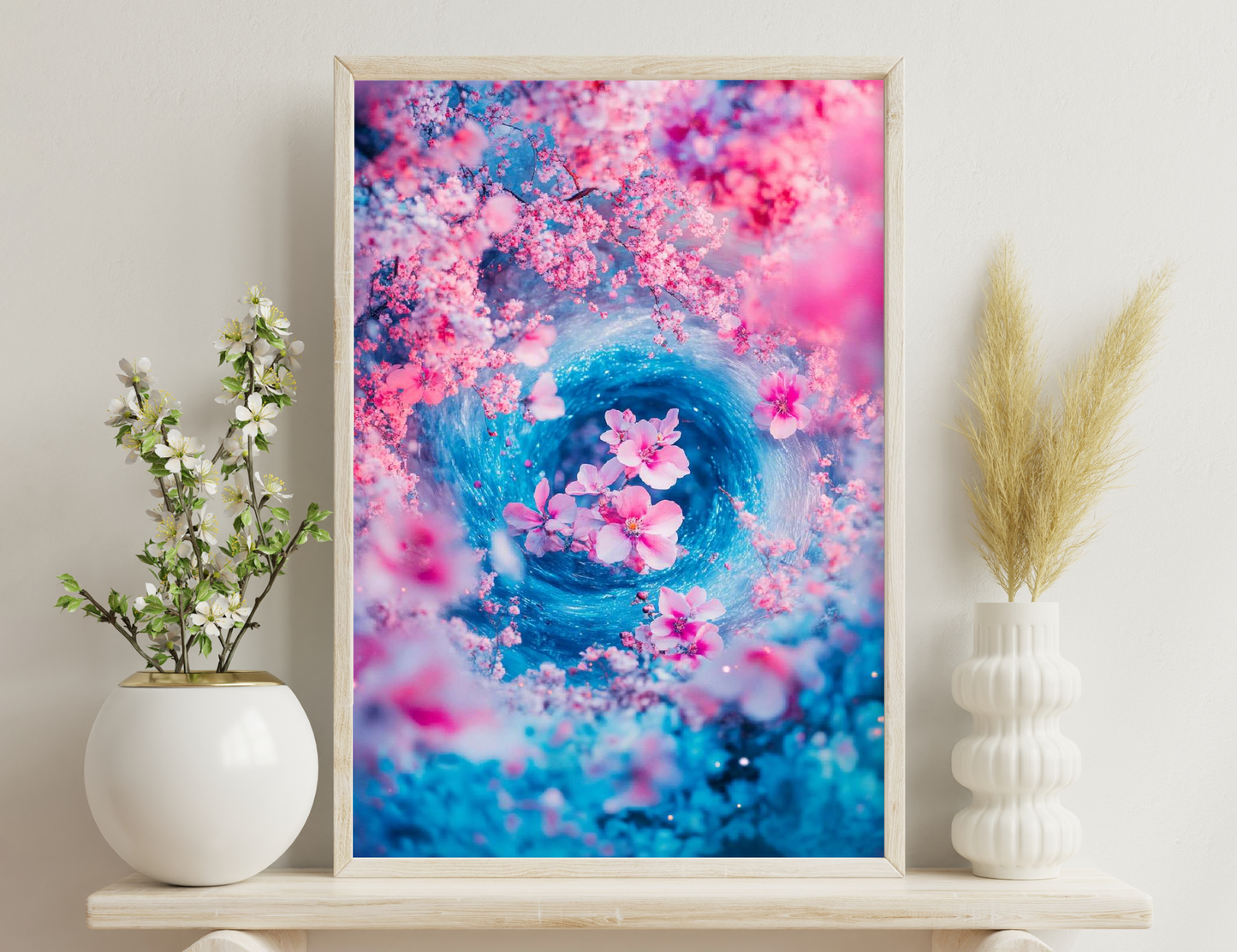 An ethereal, dreamy image of pink cherry blossom branches arching over a swirling blue vortex filled with delicate pink flowers, creating a mesmerizing and vibrant springtime scene.
