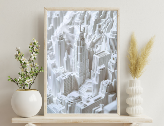 A detailed architectural model of a cityscape, featuring towering skyscrapers and intricate building designs carved from a white material, creating a striking monochromatic urban landscape.
