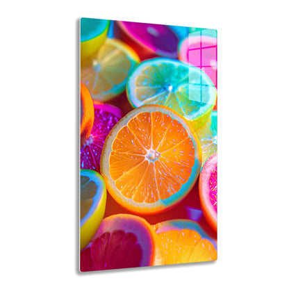 Colorful plastic slices of citrus fruits like oranges, limes, and lemons in vibrant neon colors create a visually striking still life composition.
