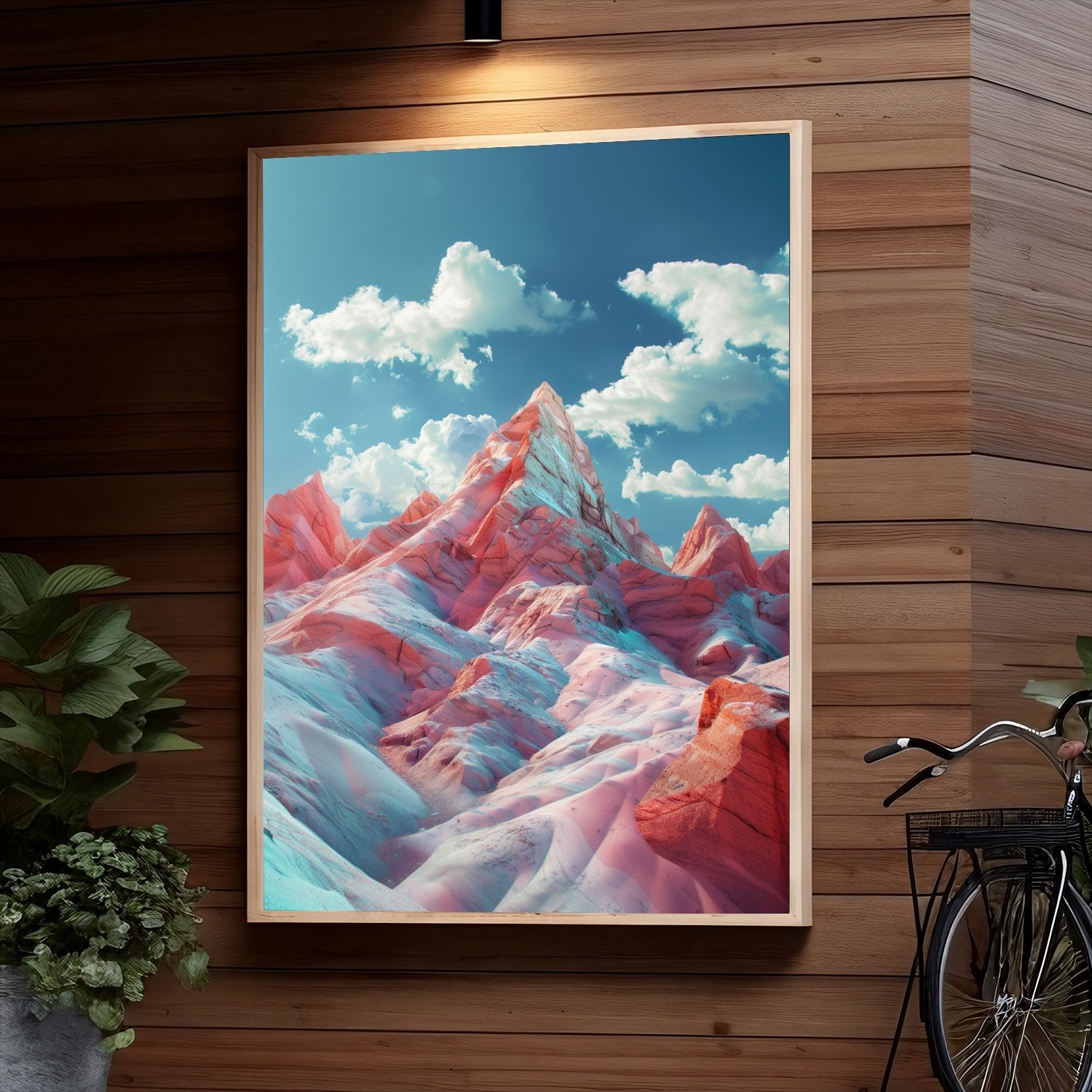 Majestic snow-capped mountain peaks in shades of red, pink and turquoise against a cloudy blue sky, creating a surreal and vibrant landscape.
