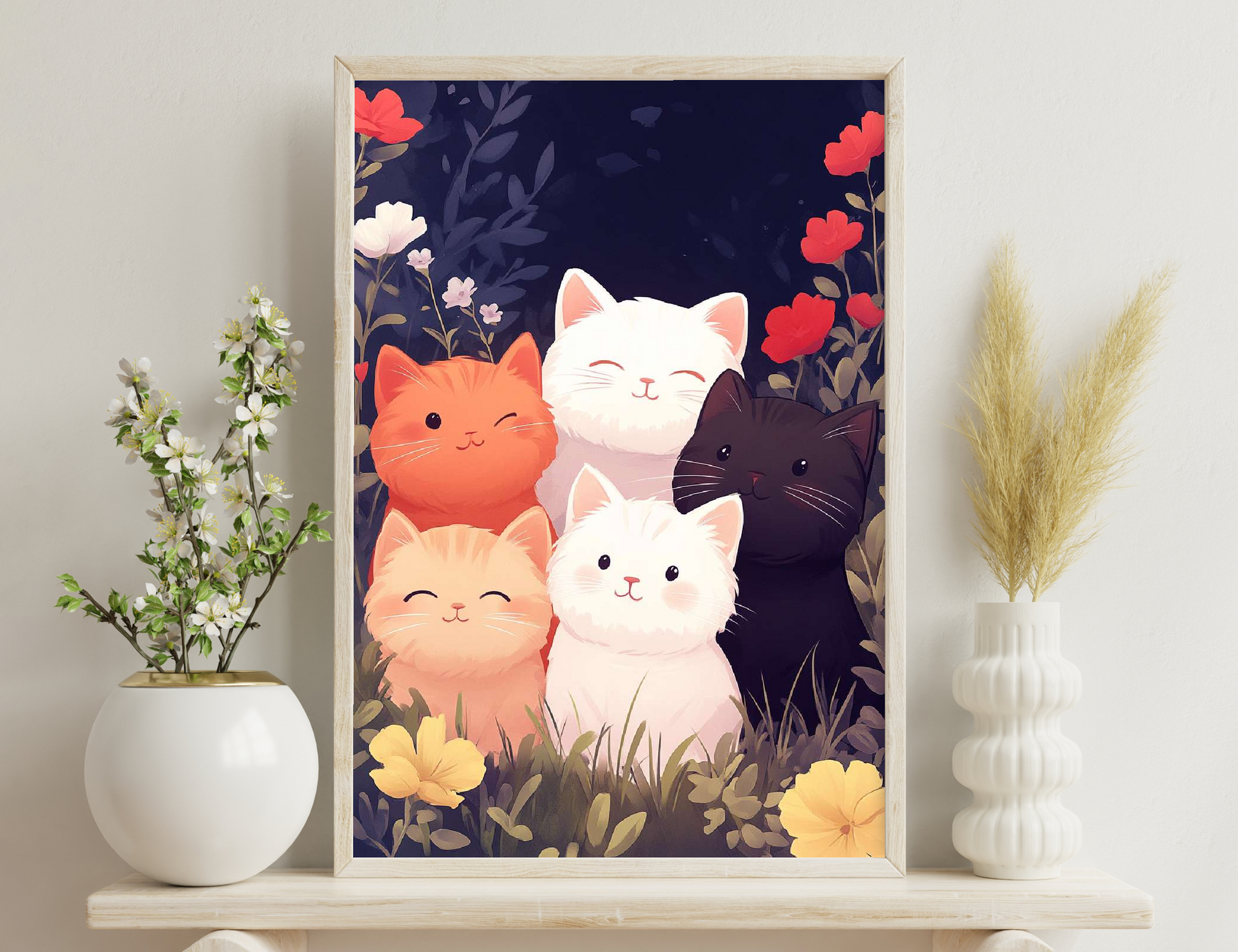 Five adorable cat illustrations sit amongst colorful flowers on a dark background - an orange tabby, white cat, black cat, cream cat, and another white cat with big eyes, all with sweet smiling expressions.
