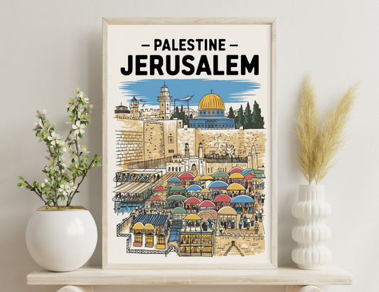 An illustrated colorful scene of Jerusalem depicting the Dome of the Rock, ancient walls, minarets, umbrellas covering market stalls, and crowds of people in the streets and plazas.
