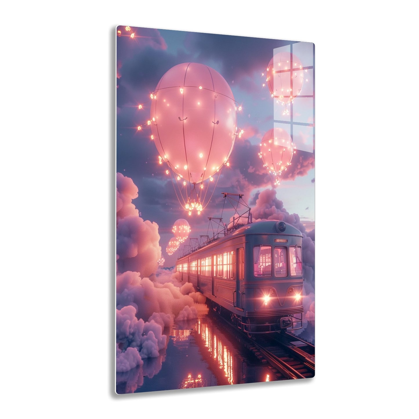 Hot air balloons shaped like light bulbs float whimsically in a dusky pink sky above a vintage train traveling along rails reflected in a misty lake.
