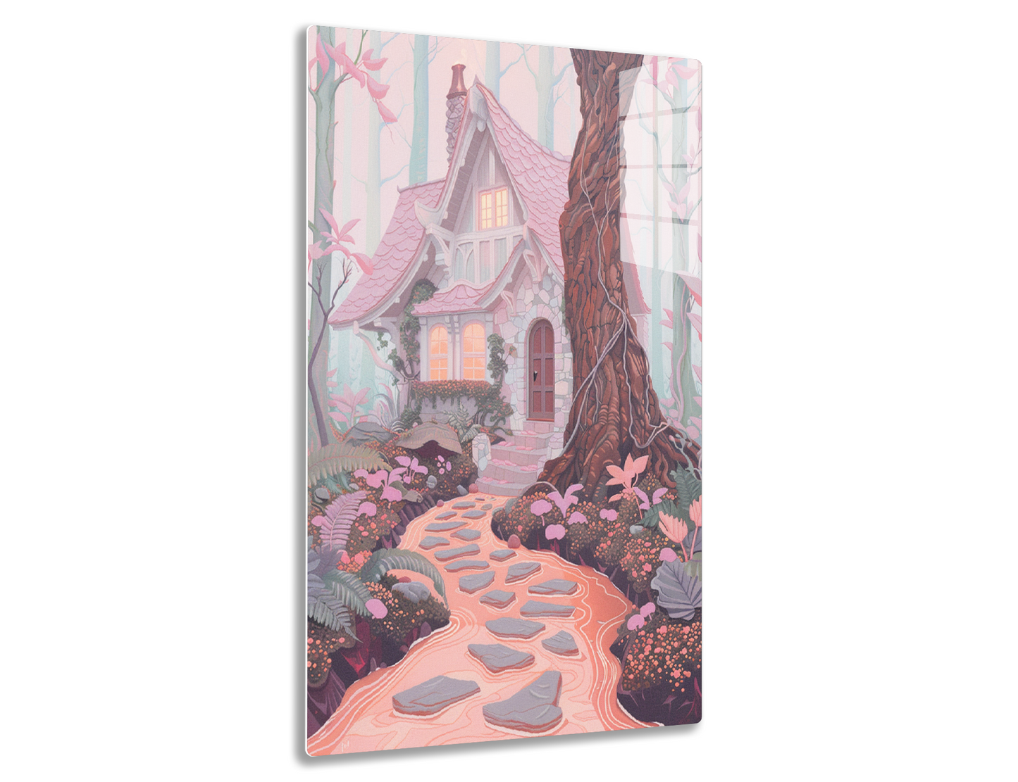 A fantasy cottage with a pink shingled roof and warm lights glowing through the windows, nestled in a whimsical forest with a winding stone path, oversized mushrooms, and flowering plants in shades of pink and lavender
