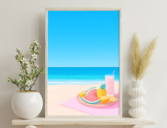 A beach scene with tropical fruits including a watermelon slice, pineapple, and oranges on a wooden tray, accompanied by a pink smoothie with a straw, against the backdrop of a blue ocean and sky.
