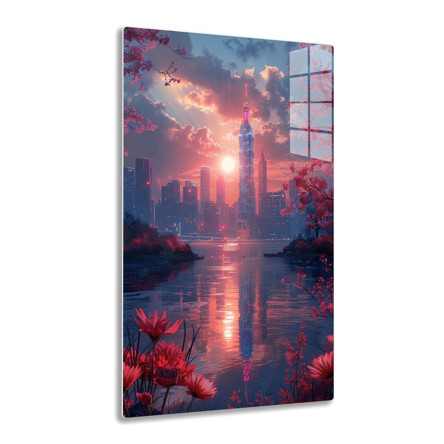 Breathtaking sunset over a modern city skyline with tall skyscrapers reflecting in a lake, framed by blooming red cherry blossom trees and flowers in the foreground.
