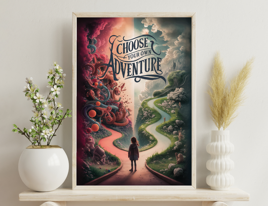 A surreal illustration contrasting two paths - one chaotic and fiery, the other serene and natural - with a figure standing at the fork, facing the quote "Choose your own adventure."
