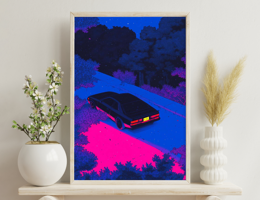 A retro-style illustration depicting a vintage car driving on a neon-lit road under a starry night sky with vibrant pink and blue colors.
