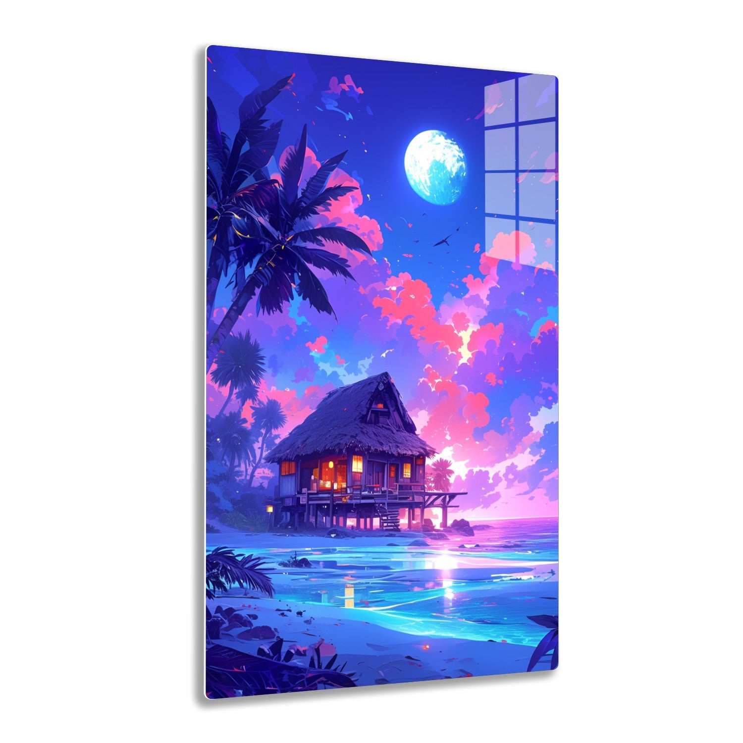 A vibrant tropical hut on stilts overlooking a moonlit beach, surrounded by palm trees and colorful clouds in a dreamy, stylized landscape.
