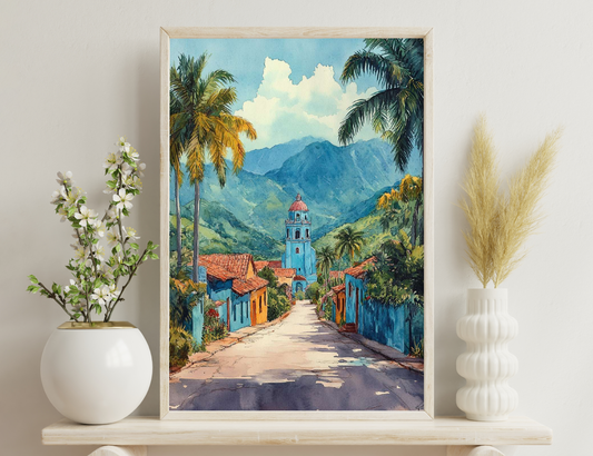 A vibrant painting depicts a colorful street scene in a tropical town nestled amidst lush palm trees and towering mountains. The centerpiece is a striking blue bell tower with a red domed roof, surrounded by pastel-colore
