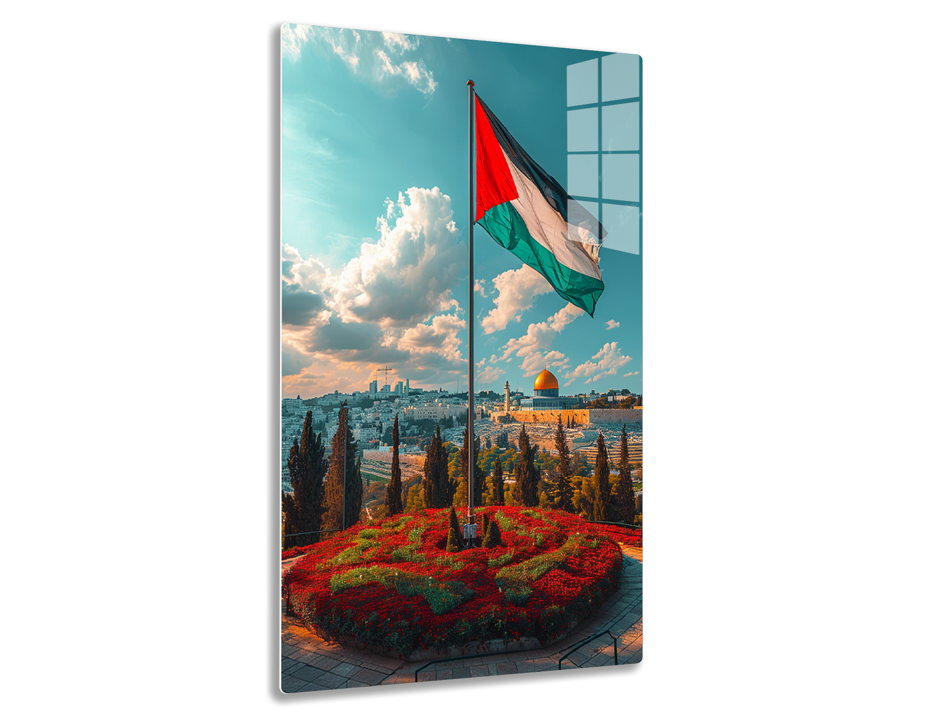 A Palestinian flag waves against a cloudy sky over a panoramic view of Jerusalem, featuring the iconic Dome of the Rock mosque in the background surrounded by trees and flower gardens in the foreground.
