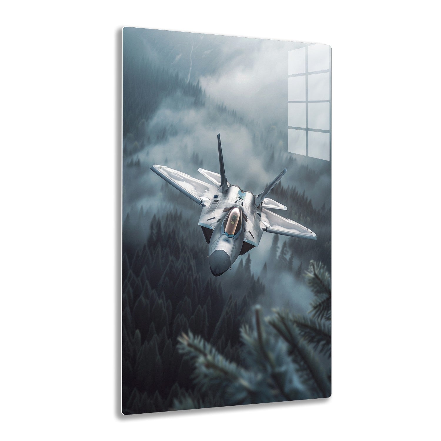 A fighter jet soars through a cloudy, misty sky over a dense forest, showcasing its powerful and sleek design against the dramatic, moody backdrop.
