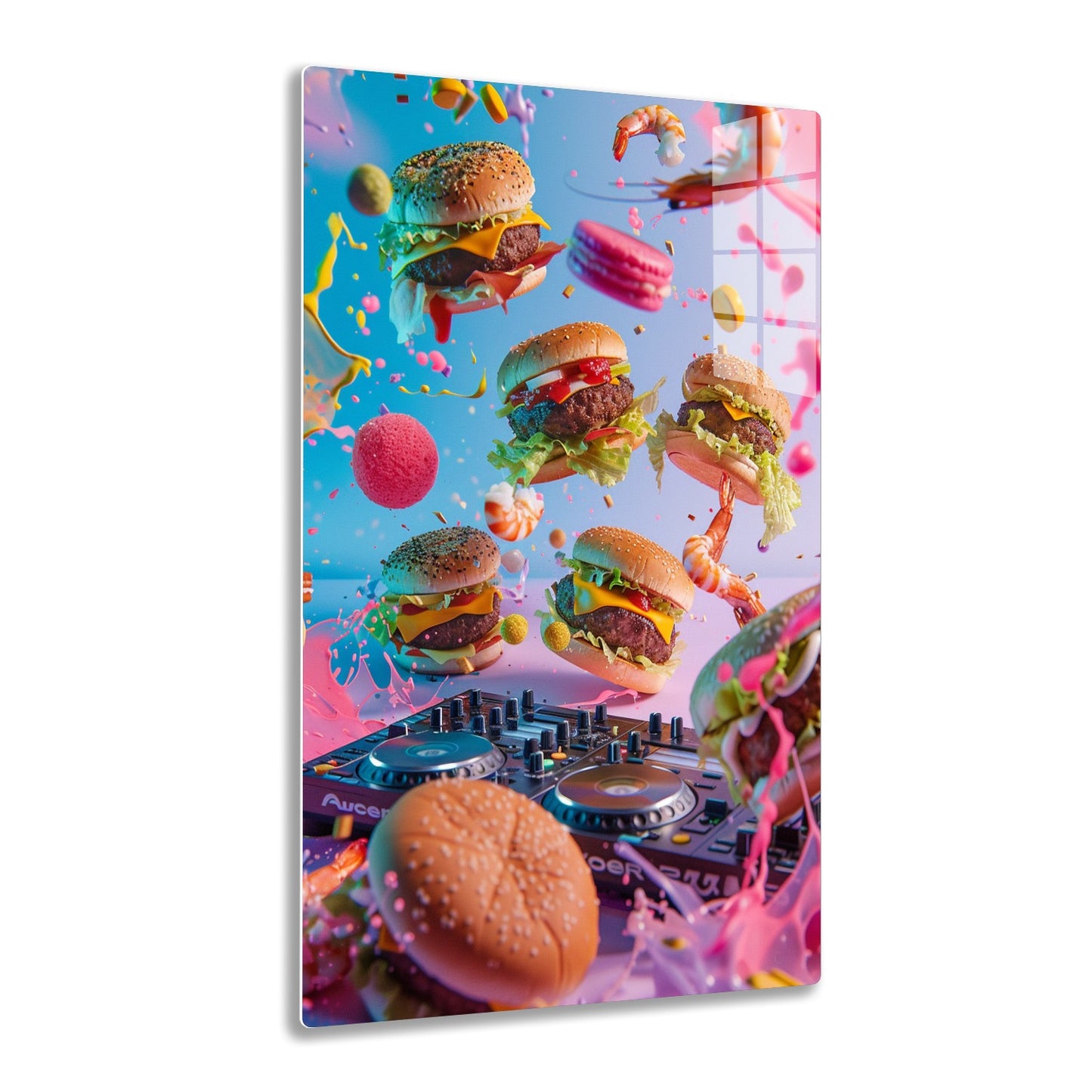 Whimsical scene with colorful burgers floating amid shrimp, macarons, and a DJ turntable against a vibrant blue backdrop, creating a surreal and playful atmosphere.
