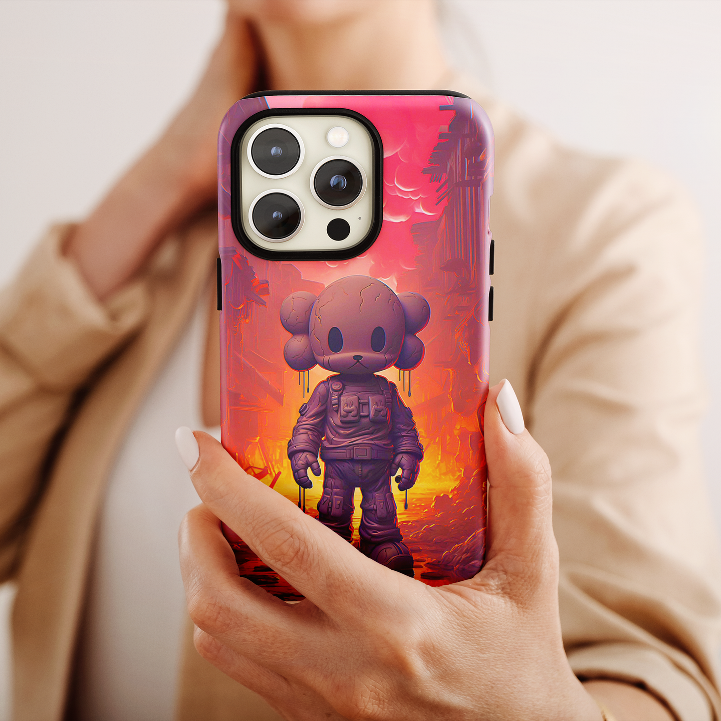 Cuddly Cohort (iPhone Case 11-15)Customize Your World with Unique Art! 🎨 This enchanting "Brave Teddy vs. Robot Apocalypse" design isn't solely for your phone. Dream of showcasing it on a poster, cRimaGallery