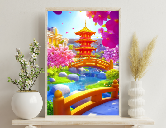 A vibrant and colorful landscape depicting a traditional Japanese pagoda, a bridge over a pond with floating rocks, blooming cherry blossom trees, and buildings in the background, creating a whimsical and serene atmosphere.
