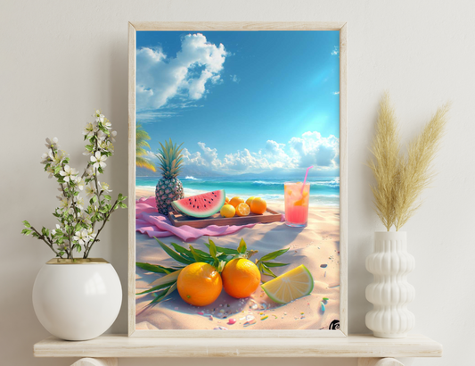 Tropical beach scene with pineapple, watermelon slice, oranges, and a pink drink on a wooden tray, surrounded by lush greenery and a beautiful ocean horizon with fluffy clouds.
