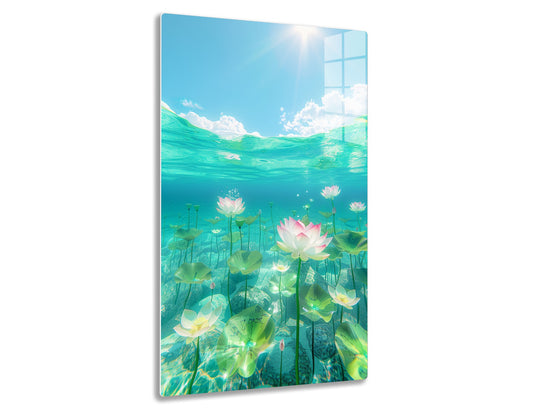 Underwater scene with blooming lotus flowers and sunlight rippling through turquoise waves on the water's surface, creating a serene and tranquil atmosphere.
