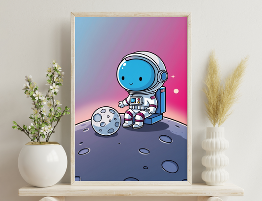 An astronaut cartoon character with a smiling blue face and a white spacesuit stands on the lunar surface, next to a rock and a book or laptop device.
