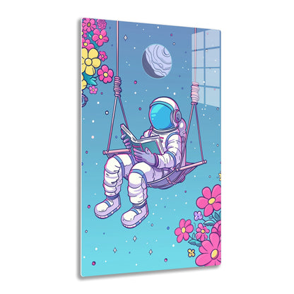 An astronaut in a vibrant spacesuit is relaxing in a hammock, reading a book among colorful flowers and planets in outer space, creating a whimsical and imaginative scene.
