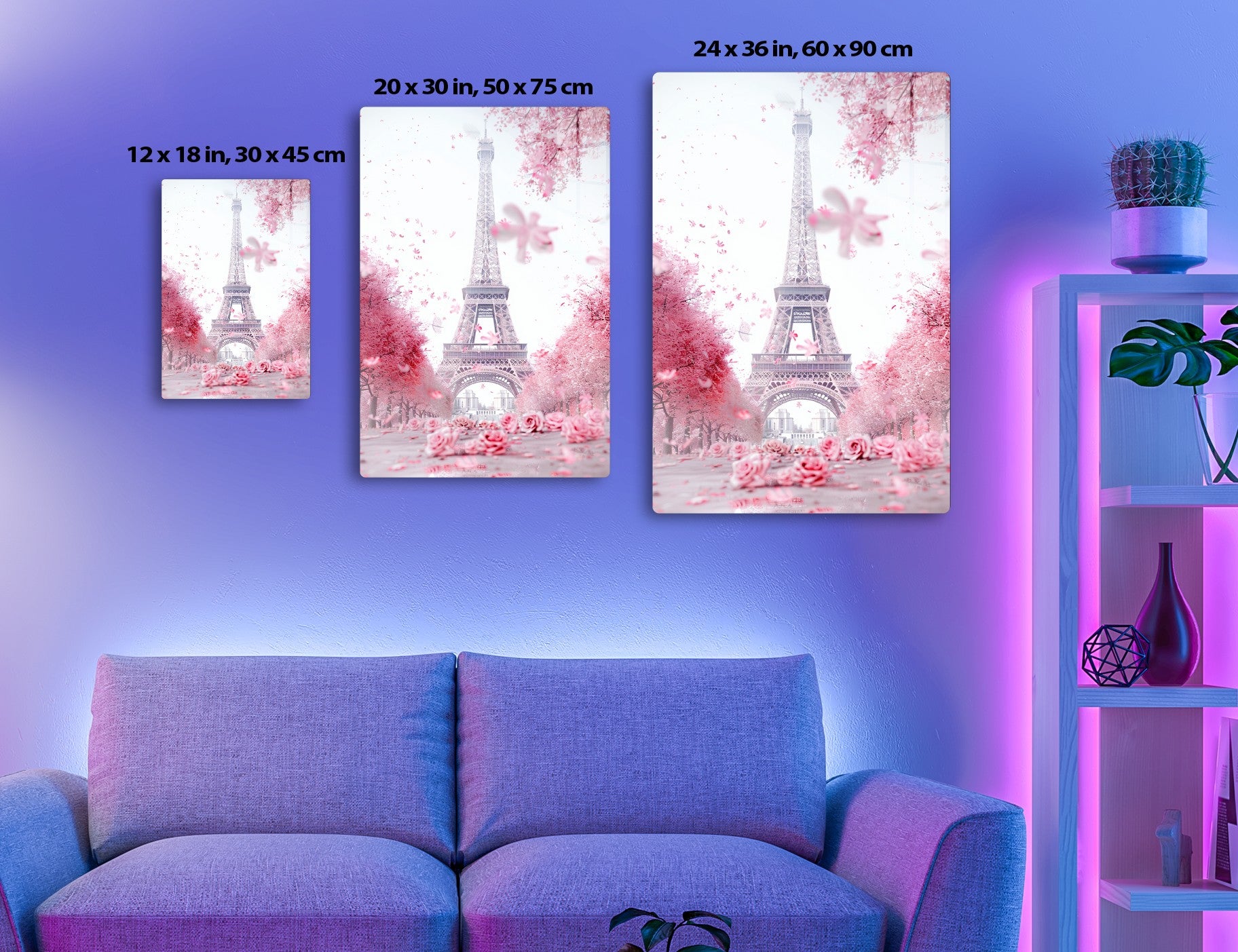 The Eiffel Tower in Paris surrounded by pink cherry blossoms, creating a dreamy, romantic scene.
