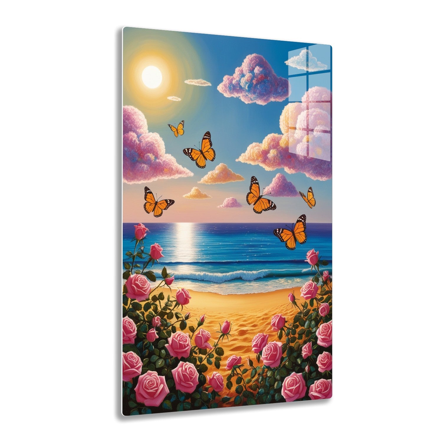 A vibrant beach sunset scene with orange butterflies fluttering among billowing pink clouds, roses lining the sandy shore, and a shimmering ocean reflecting the sun.
