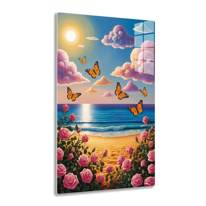 A vibrant beach sunset scene with orange butterflies fluttering among billowing pink clouds, roses lining the sandy shore, and a shimmering ocean reflecting the sun.
