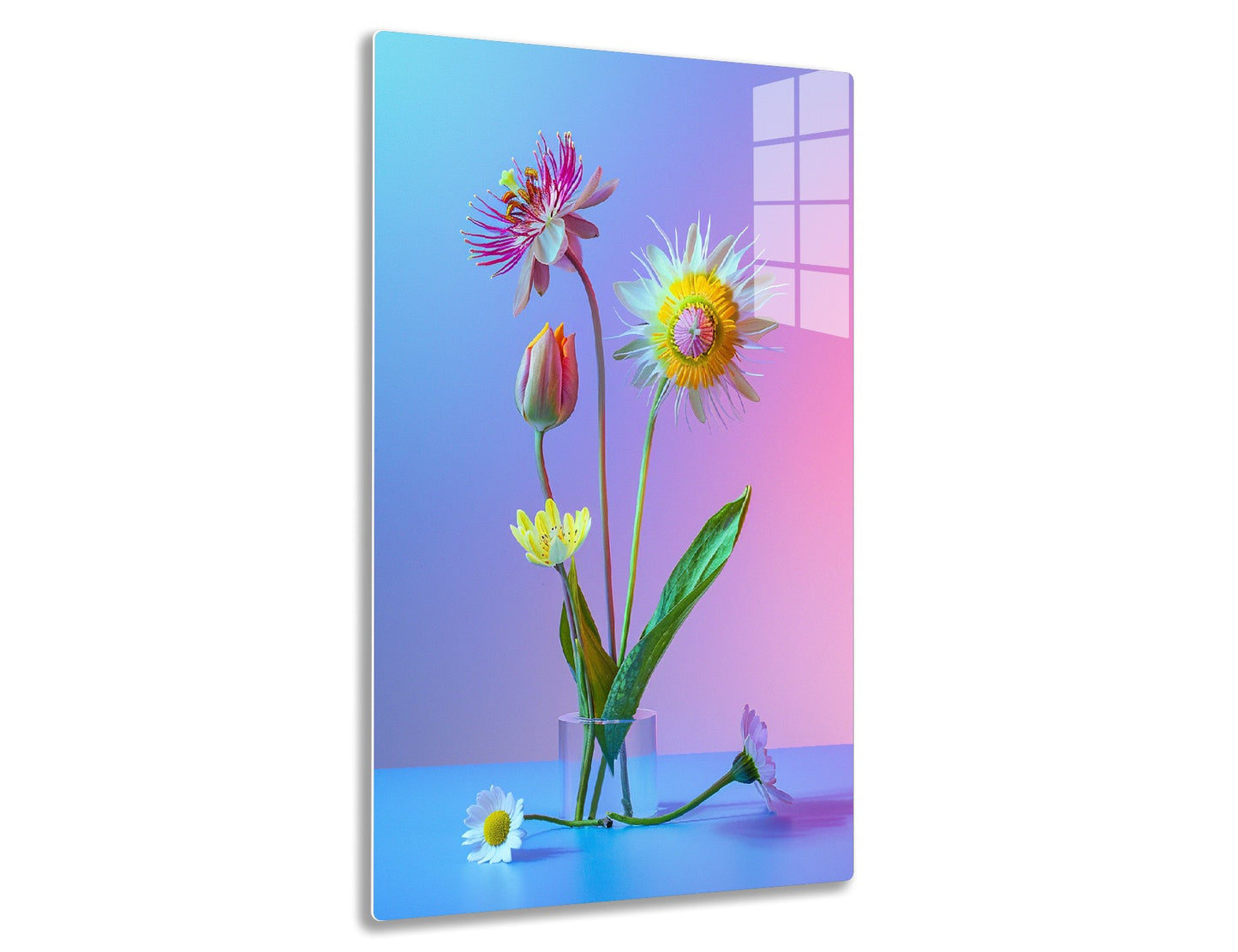 Vibrant multicolored flowers in a glass vase against a blue and purple gradient background, including a purple passion flower, yellow and pink daisy-like blooms, and a pink rose bud.
