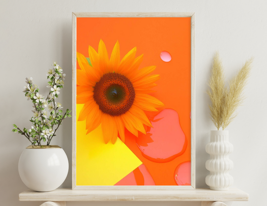 A vibrant orange sunflower against an orange background with pink blurred shapes resembling sunlight or sunburst.
