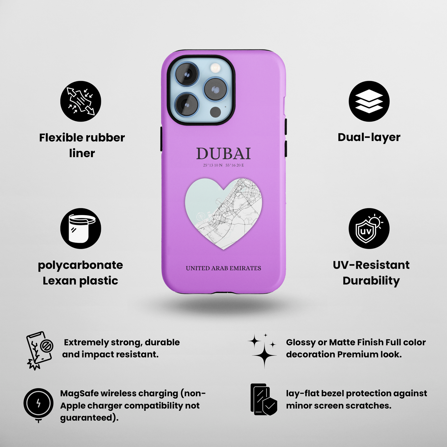 Dubai Heartbeat - Purple (iPhone MagSafe Case)Elevate your iPhone's style with the Dubai Heartbeat Purple MagSafe Case, offering robust protection, MagSafe compatibility, and a choice of matte or glossy finish. RimaGallery