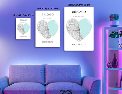 Image showing a stylized heart shape made of a street map outline on one side and a solid teal color on the other, representing the city of Chicago with its geographic coordinates and the text "UNITED STATES" below.
