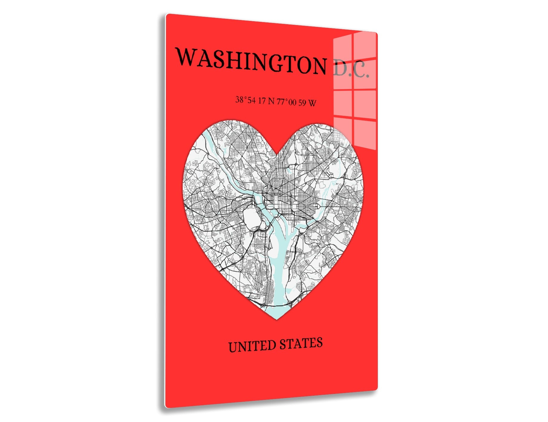 Washington D.C. map in the shape of a heart against a red background, showing roads and rivers, with geographic coordinates and "UNITED STATES" caption below.
