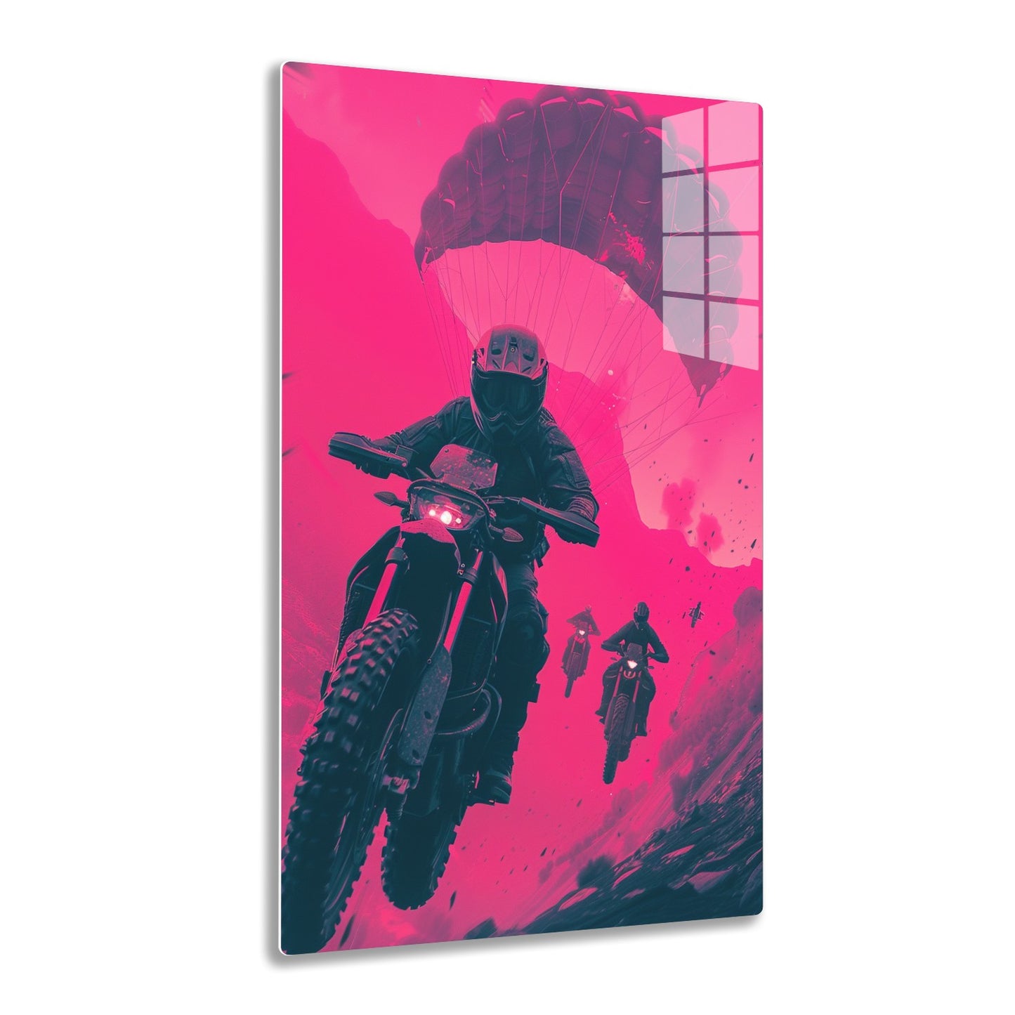 A daring motorcycle rider with a parachute deploys jumps into the pink sky, followed by two other riders in an action-packed and stylized scene.
