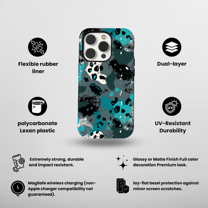 Aqua Abstract (iPhone MagSafe Case)Elevate your iPhone's protection and style with RimaGallery's Abstract teal and black speckled pattern on iphone MagSafe Case against a dark backdrop. Enjoy dual-layRimaGallery